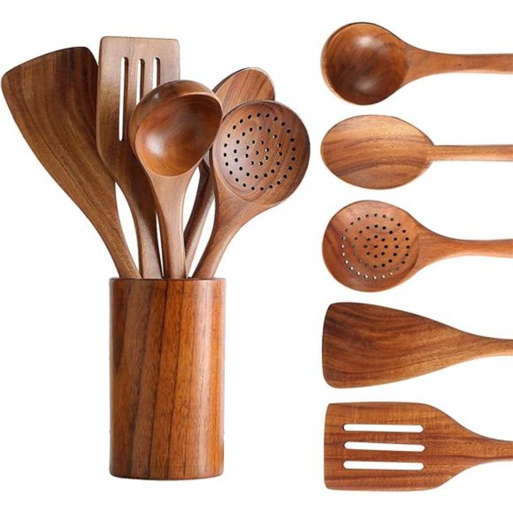 Wooden Spoons for Cooking, Tmkit Cooking Utensils Set of 6 Natural Teak Wooden